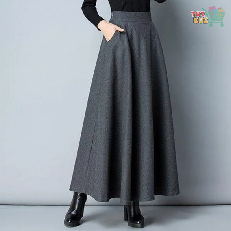 Long Woolen Pleated Skirt
