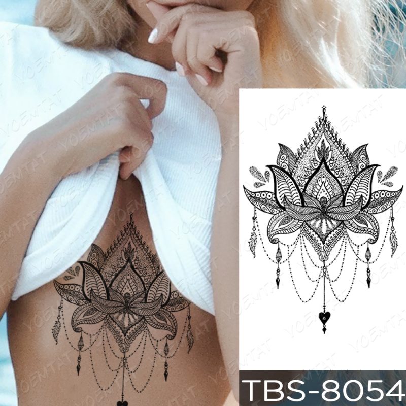 Water-Resistant Temporary Tattoo Sticker for Chest: Lace Henna and Mandala Designs with Flash Tattoos of Wolf, Diamond, and Flower - Body Art