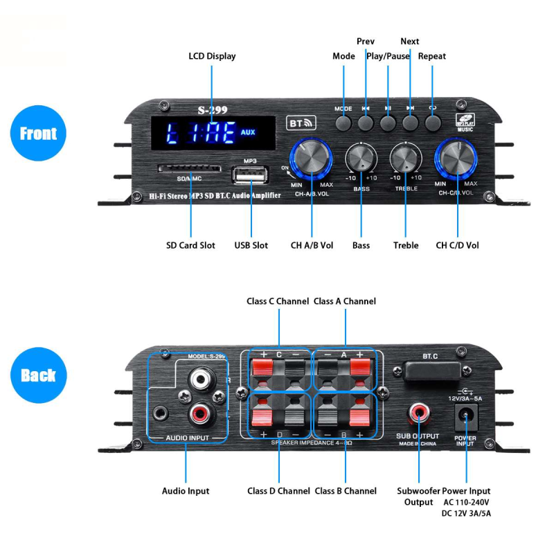 Channel Power Amplifier Audio Karaoke Home Theater