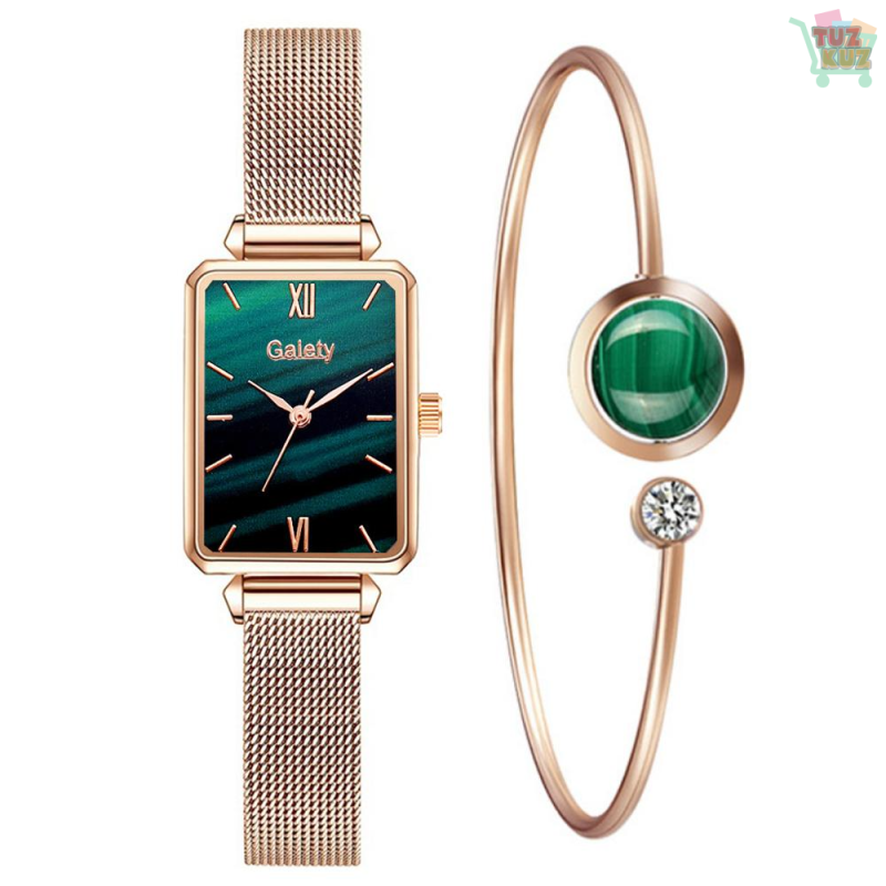 Ladies Quartz Watch Bracelet Set Green Dial Simple