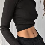 O Neck Long Sleeve Shirt Women Ribbed Sexy Cropped Tops