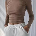 O Neck Long Sleeve Shirt Women Ribbed Sexy Cropped Tops