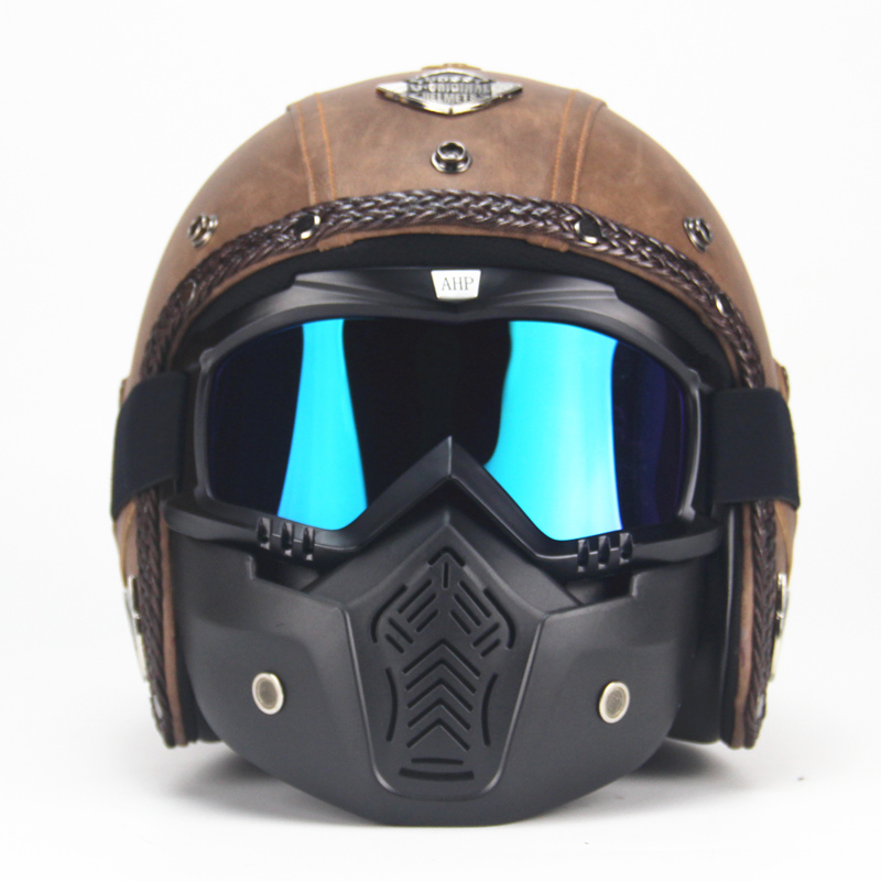 Open Face 3/4 Motorcycle Helmet PU Leather Retro Motorbike Helm Moto Bike Motocross Helmets With For Men Women